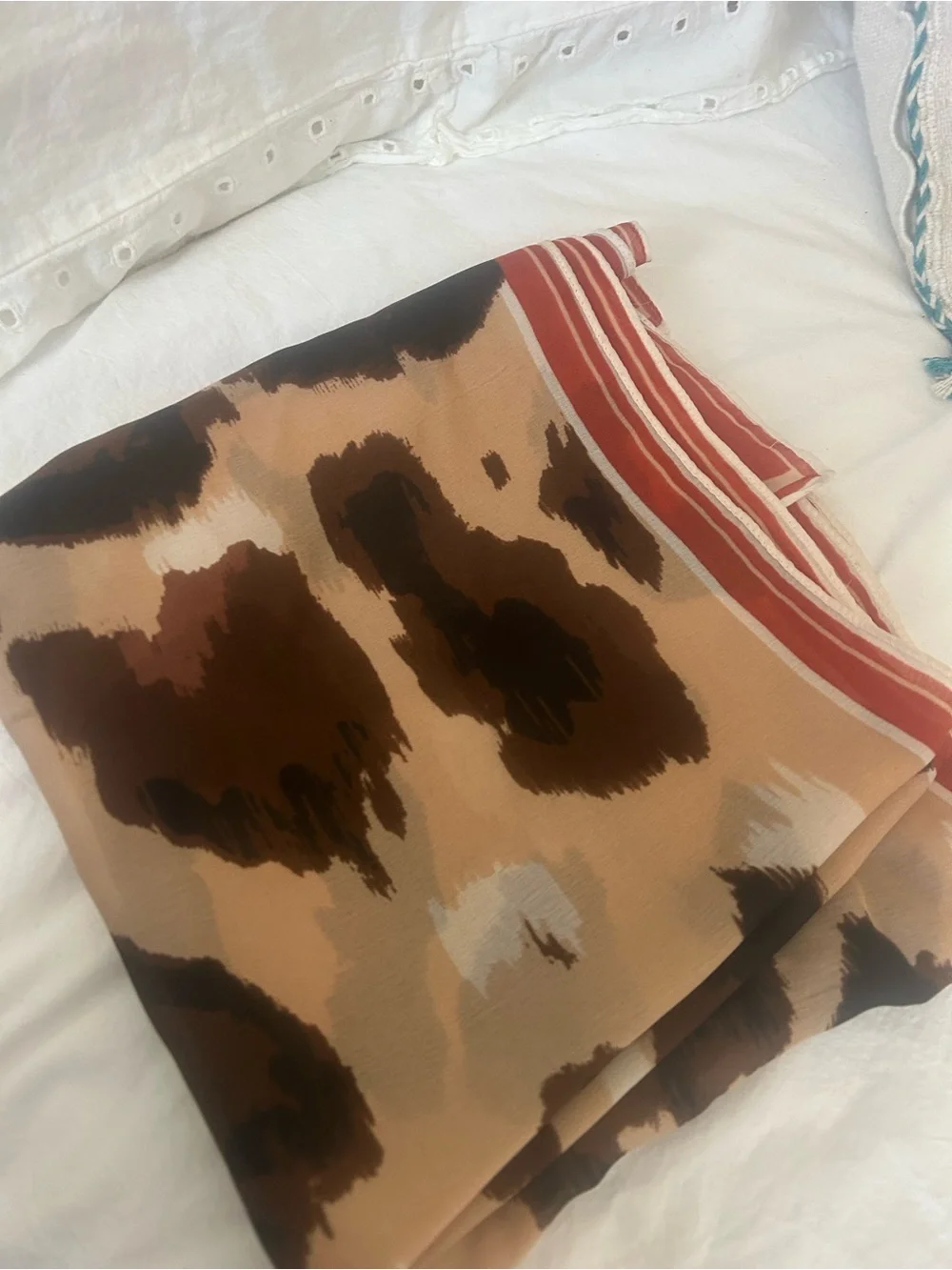 Vince Camuto Brown & Tan Leopard-Print Silk Scarf with Rust Border